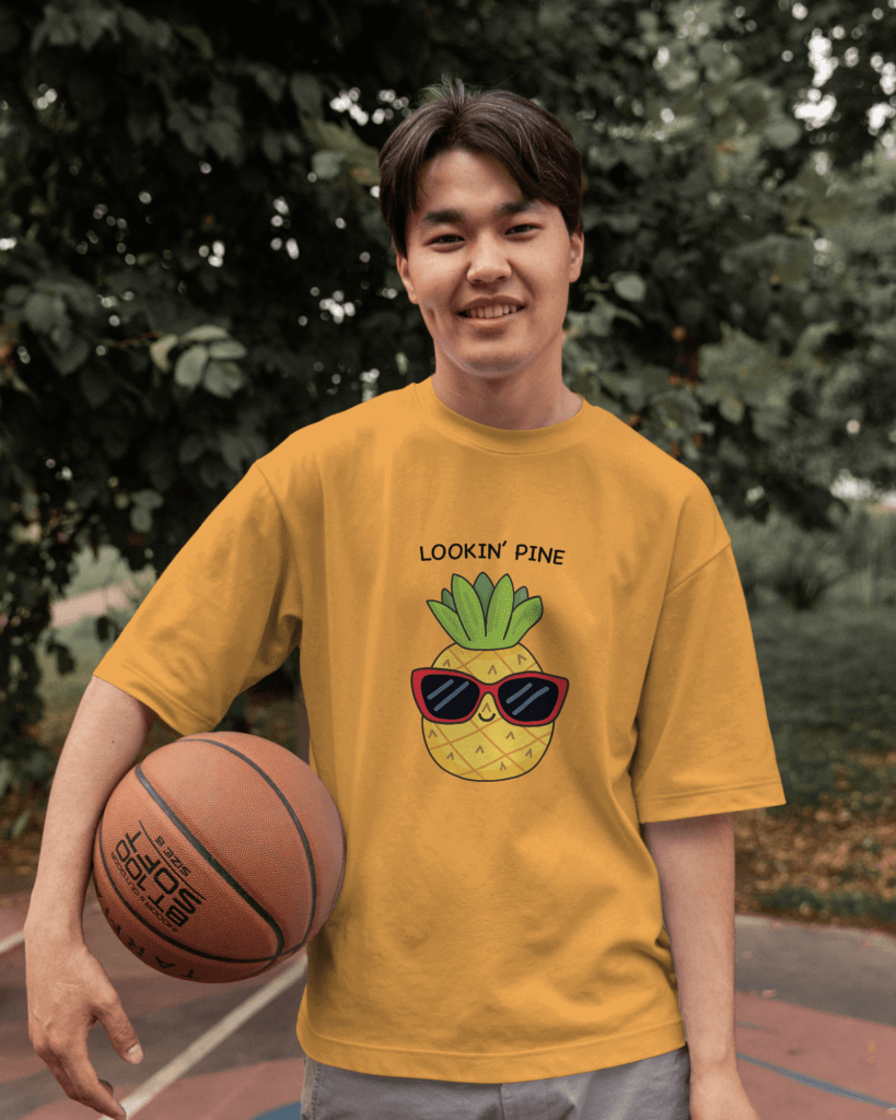 mangalmood, looking pine, looking fine, pineapple, tshirt, oversized, golden yellow