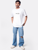 indian boy with 5 ft height wearing white oversized tshirt with Lycra Ribbed Neck with blue oversized ribbed jeans and white sneaker