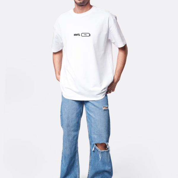 indian boy with 5 ft height wearing white oversized tshirt with Lycra Ribbed Neck with blue oversized ribbed jeans and white sneaker