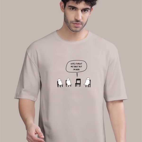 indian boy wearing oversized tshirt with "guys, i forgot my sheet but i'm here" written, it depicts a ghosts meeting room tshirt design
